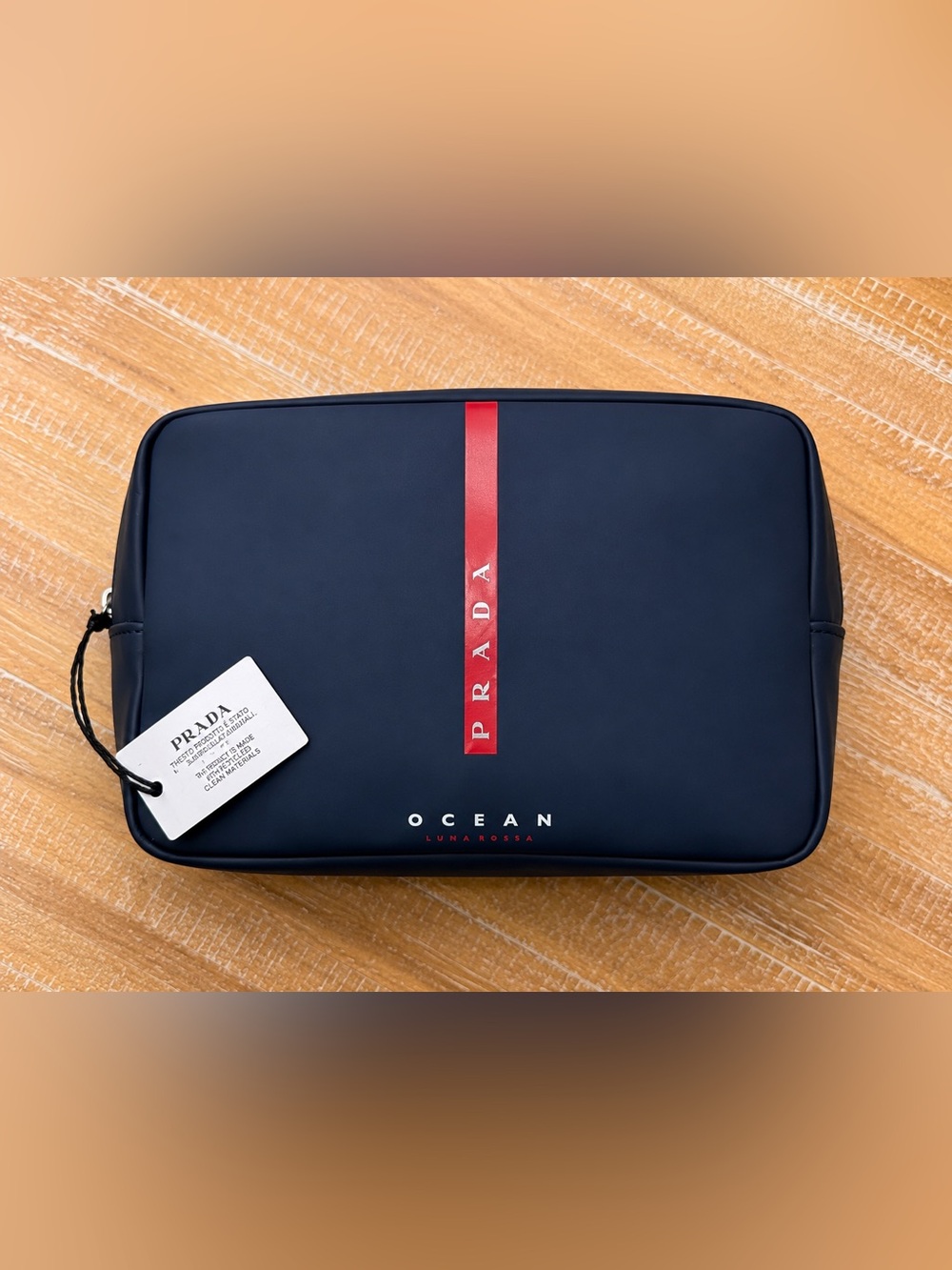 Prada Navy Toiletry Pouch with Red Stripe